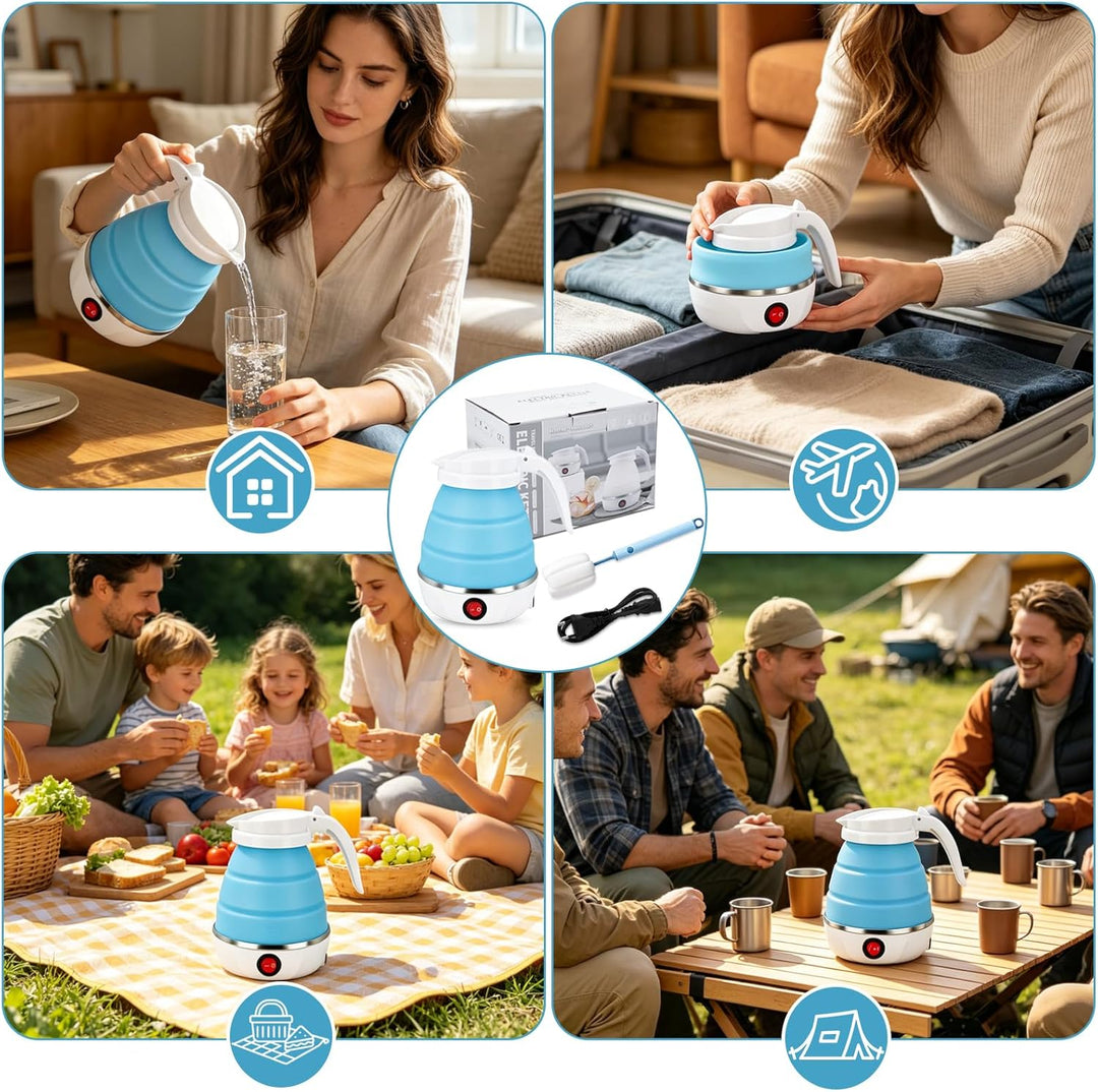 Faltbarer Wasserkocher 600ml Reisewasserkocher, Reise Silikon Tragbarer Wasserkessel mit 1 Klappbürs