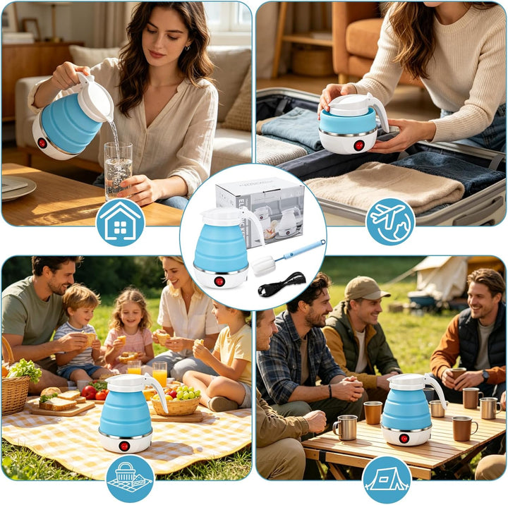 Faltbarer Wasserkocher 600ml Reisewasserkocher, Reise Silikon Tragbarer Wasserkessel mit 1 Klappbürs