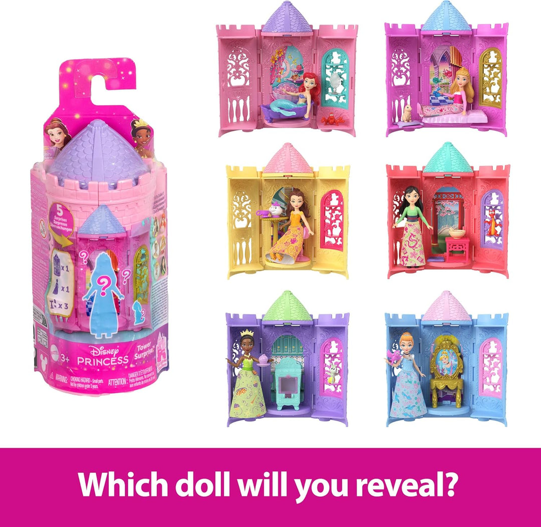 Mattel Disney Princess Tower Surprise Kleine Puppen & Zubehör, stapelbare Spielsets mit 4 Überraschu