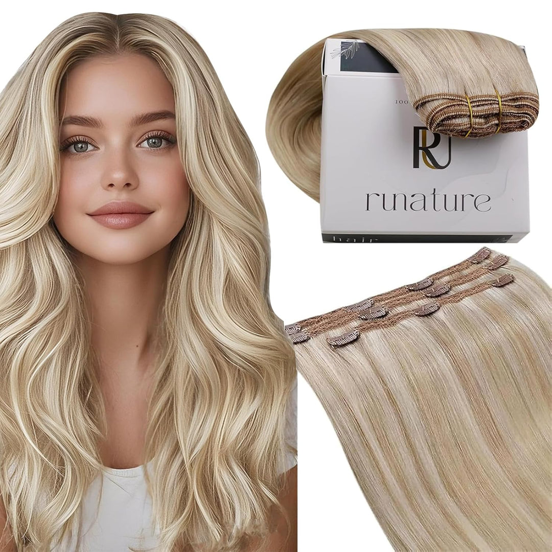 RUNATURE Clip in Extensions Echthaar Aschblond mit Platinblond Clip in Haarextension Echthaar Clips