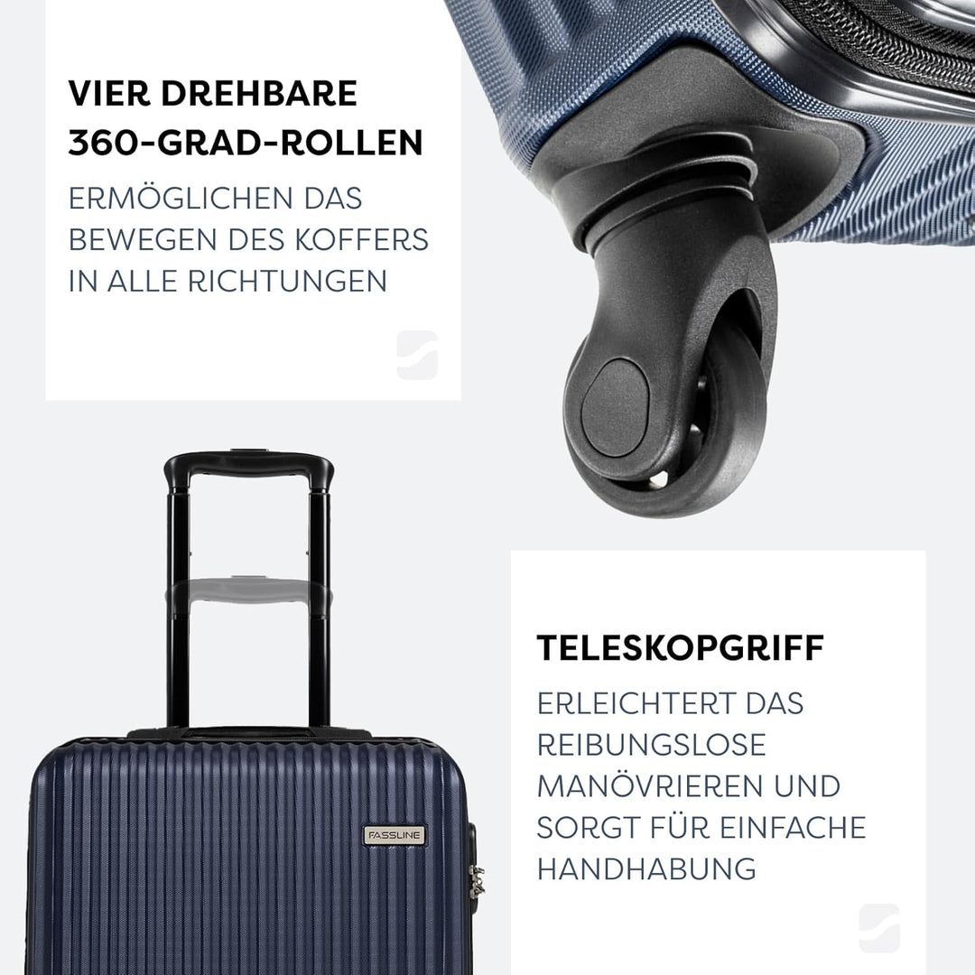 FASSLINE Kabinenkoffer 55x39x20 cm, 36l, Reisekoffer Handgepäck, Hartschale aus ABS, Vier 360°-Spinn