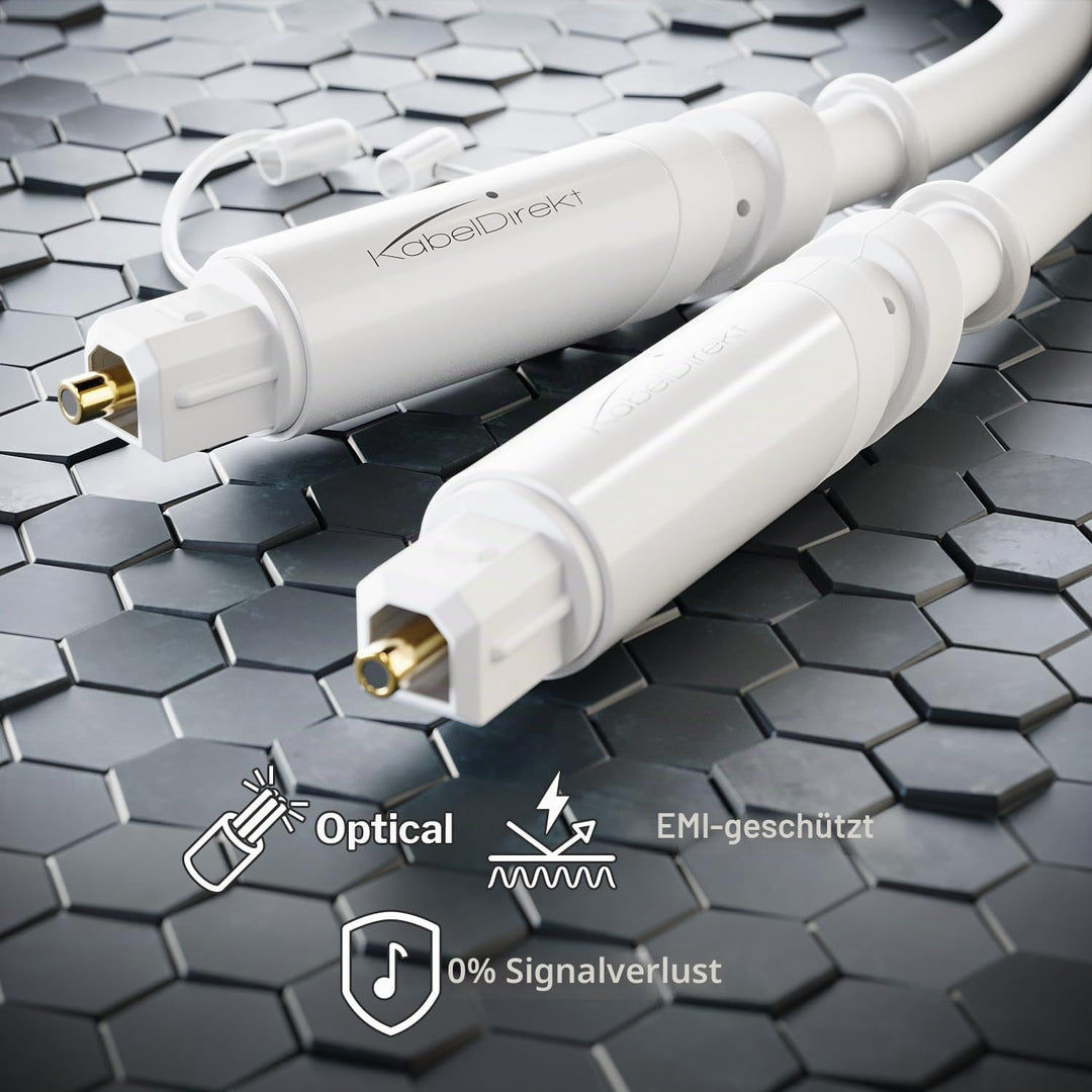 KabelDirekt Optisches Audiokabel mit 0% Signalverlust und Schutzkappe - 15m - TOSLINK weiss (Glasfas
