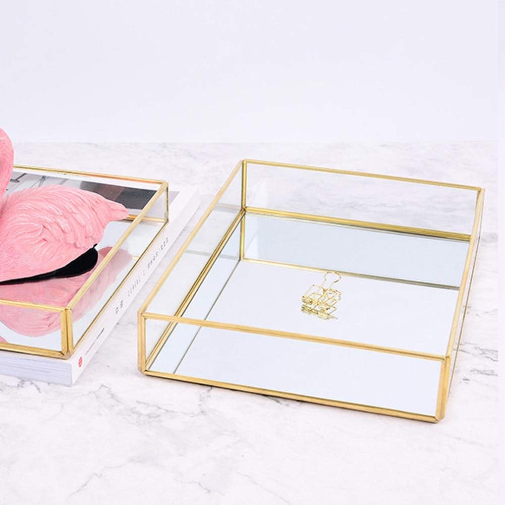 Retro Spiegeltablett, Dekotablett Gold Glastablett Tablett Vintage Metall Glas Aufbewahrungsbox Kosm