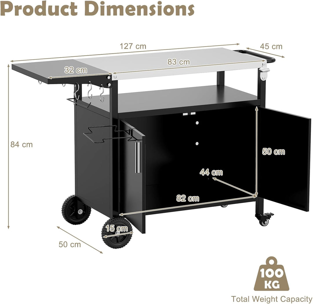 KOMFOTTEU Grillwagen mit Arbeitsplatte aus Edelstahl, Servierwagen mit klappbarer Tischplatte, Grill