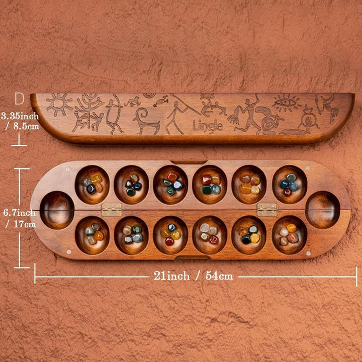 Luxus-Mancala-Set: Echtholz-Scharnierbrett mit 48 gemischten natürlichen Edelsteinen - Authentische