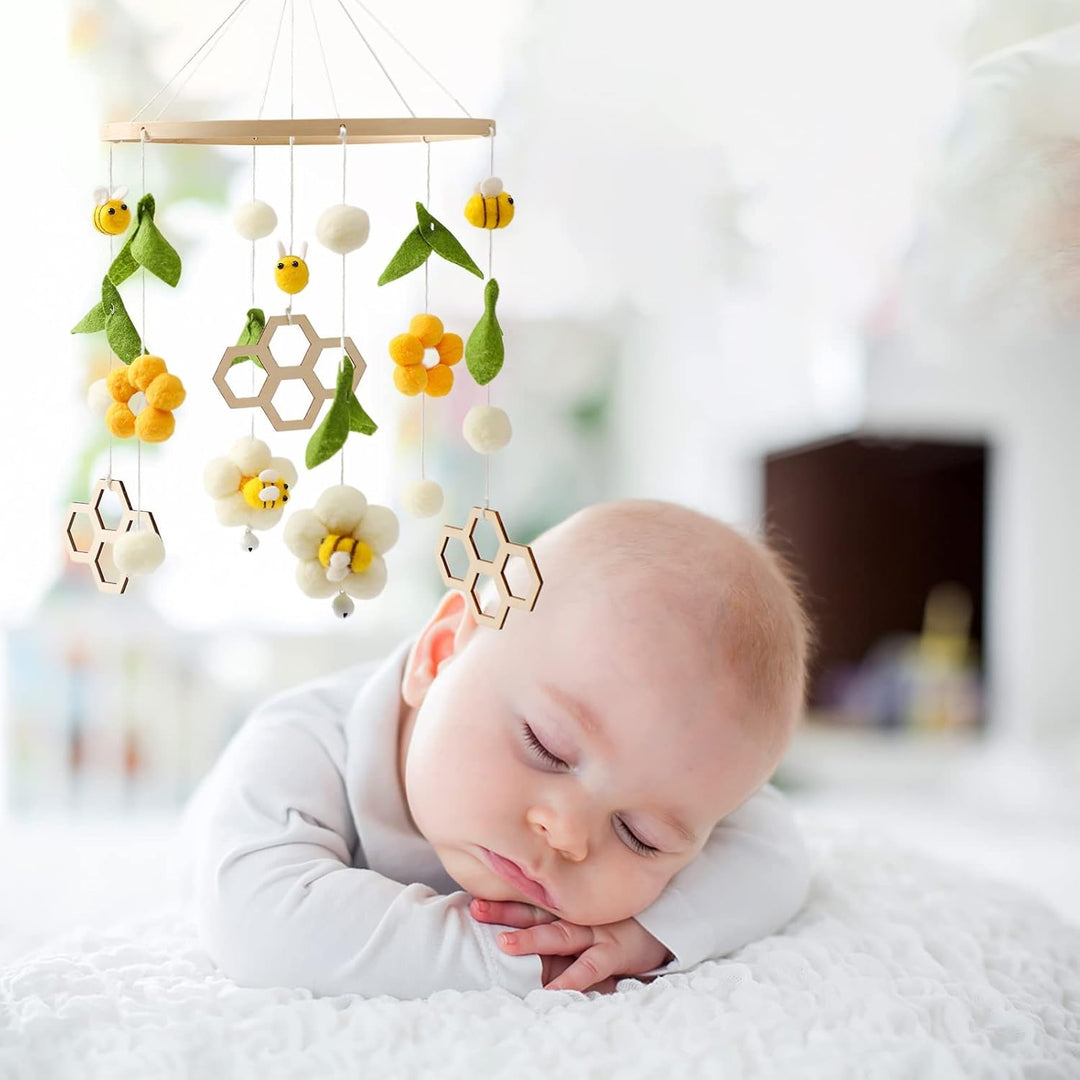 Mobile Baby Holz + Wollknäuel, Frische Blumen und Bienen, Windspiel Rassel Wickeltisch, Kinderzimmer