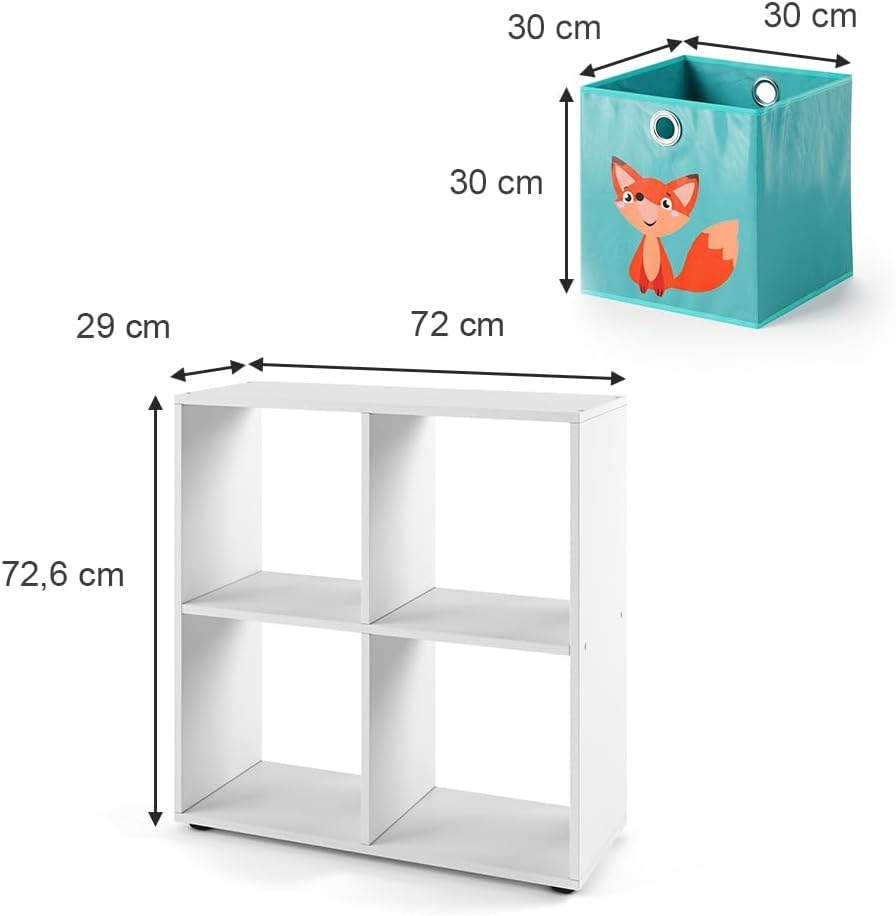 Vicco Kinderregal Tetra, Weiss, 72 x 72.6 cm mit 4 Faltboxen (rot/gelb) Weiss 4 Fächer Faltboxen: ro