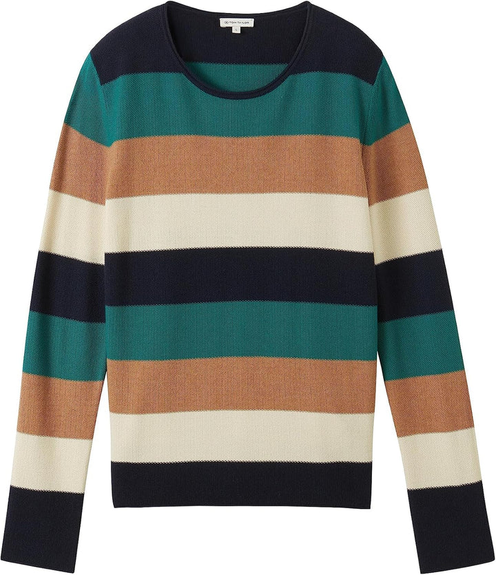 TOM TAILOR Damen Basic Pullover mit Struktur XS 34021 - Navy Teal Knit Stripe, XS 34021 - Navy Teal