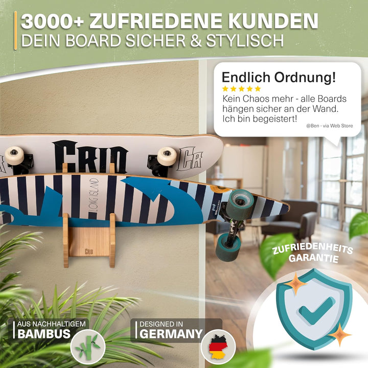 CRID Doppel Skateboard Wandhalterung aus Bambus - Universal Halterung für Skateboard, Longboard, Sno
