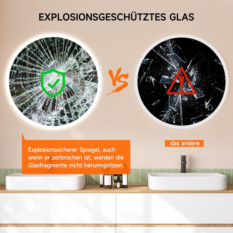 YOLEO Badspiegel rund mit Beleuchtung, LED Spiegel mit Touchschalter, Badzimmerspiegel LED Beschlagf