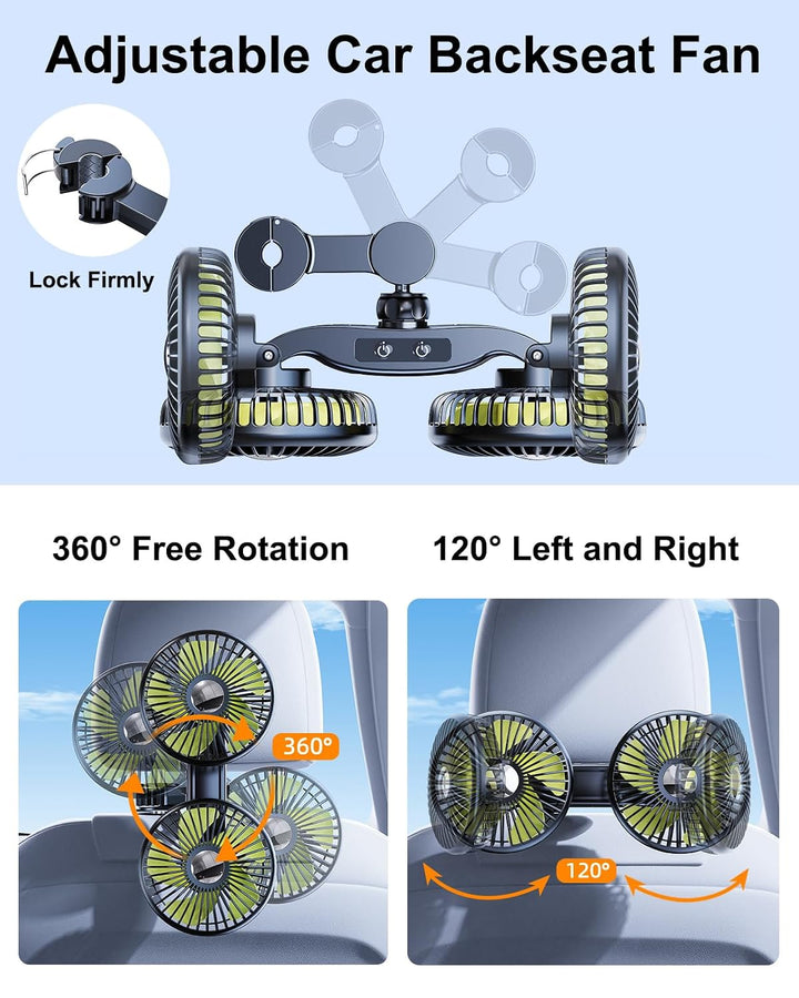 Akku Ventilator für Auto Rücksitz mit Einziehbarem Langem Arm, [Geschenk-Kfz Ladegerät & USB-C Kabel