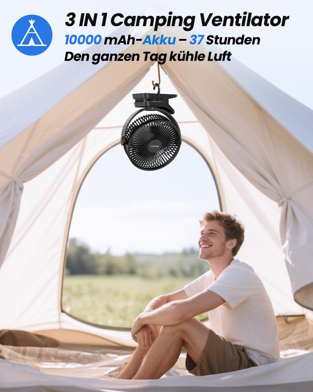 EasyAcc Ventilator mit Clip, 10000mAh USB-Ventilator, 3-in-1-Tischventilator mit 5 Geschwindigkeiten