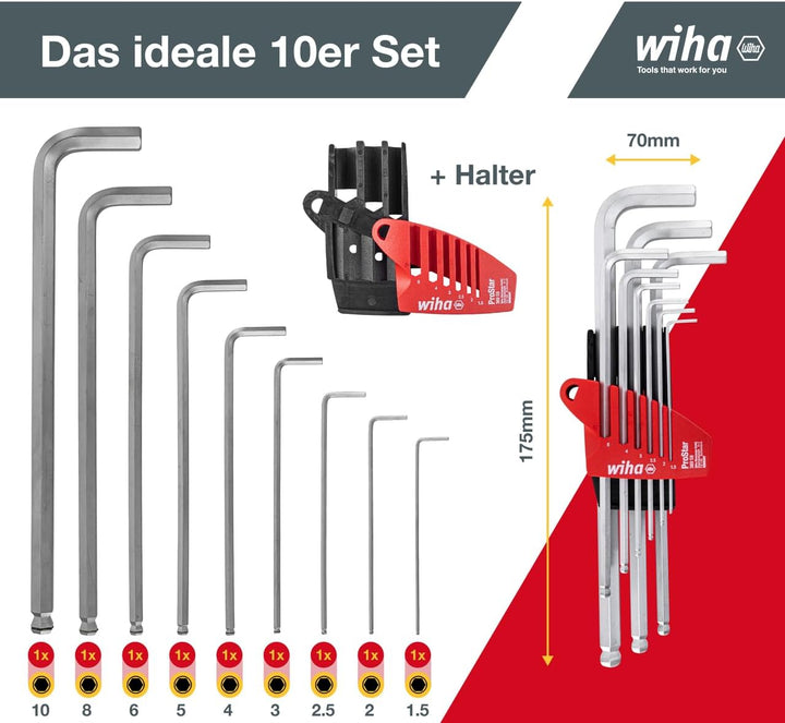 Wiha Stiftschlüssel Set mit ProStar Halter (07185) 10tlg. I Innensechskant Satz mit Kugelkopf I Inne