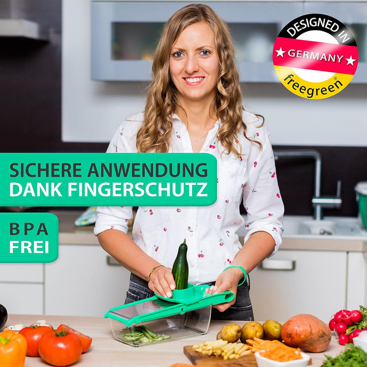 freegreen® GERMANY Obst- & Gemüsehobel aus Edelstahl mit V-Klinge & Auffangbehälter I Inklusive Gemü