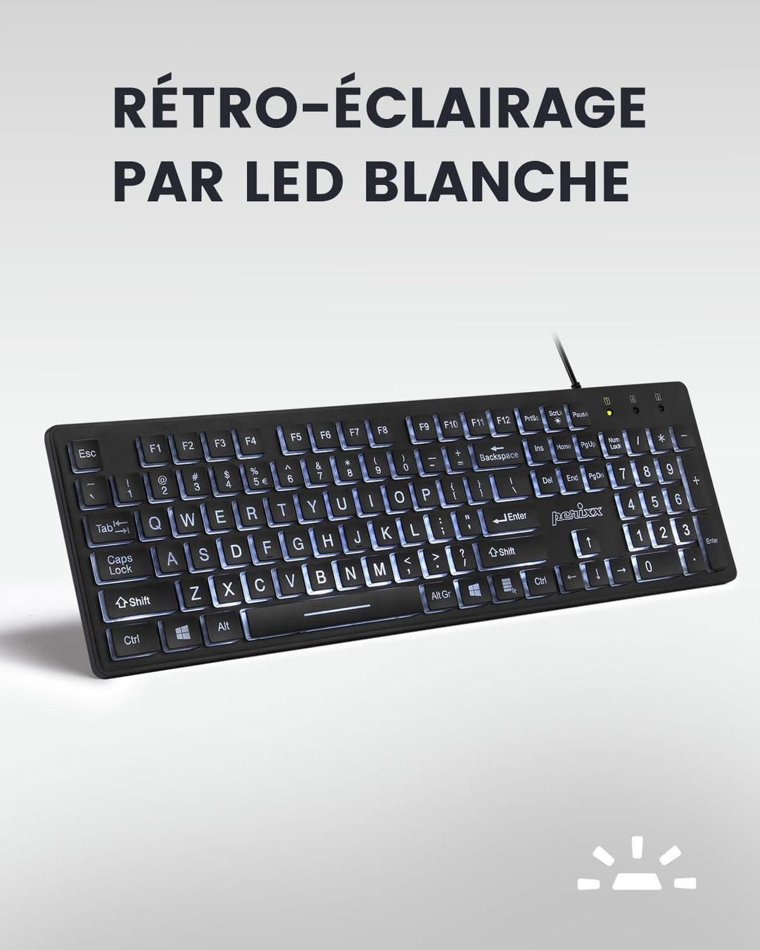 perixx PERIBOARD-317, Tastatur mit Hintergrundbeleuchtung, kabelgebunden, USB, für Windows – Membran