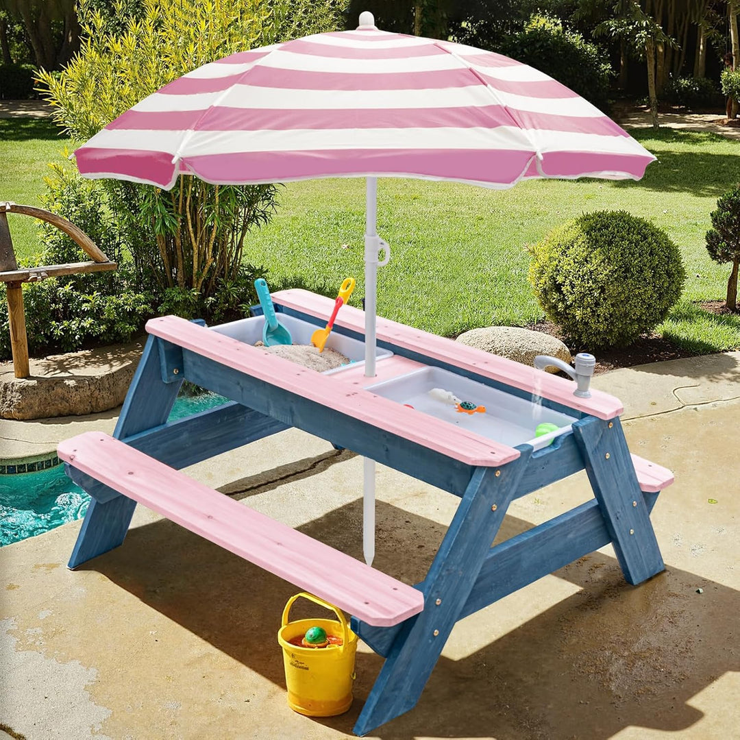 Kids 3-in-1 Sand- und Wasser-Aktivitätstisch, Holz, Outdoor, wandelbarer Picknicktisch mit Regenschi