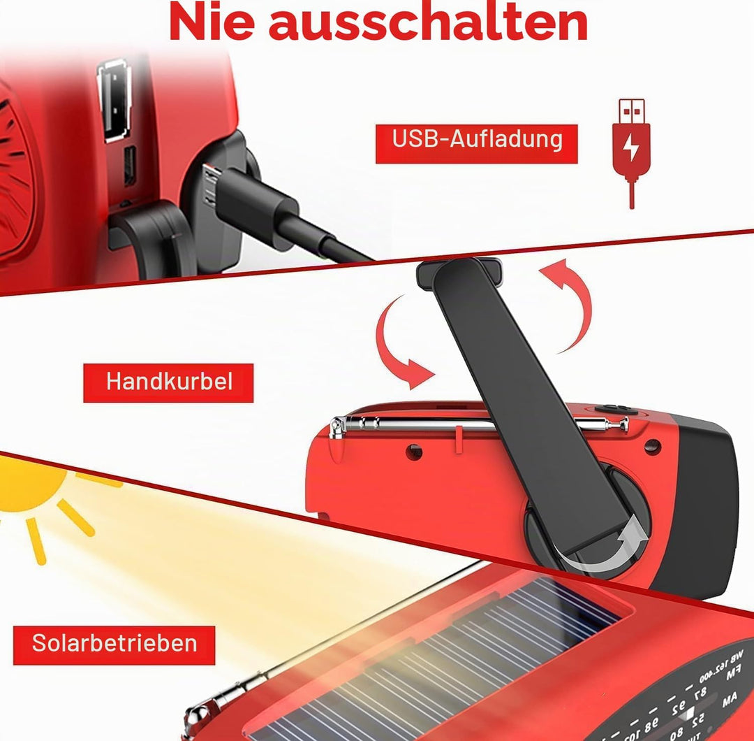 1 Stück Solar Kurbelradio mit 3-LED Taschenlampe | Tragbares 2000mAh NI-MH Notfall Powerbank | IPX3