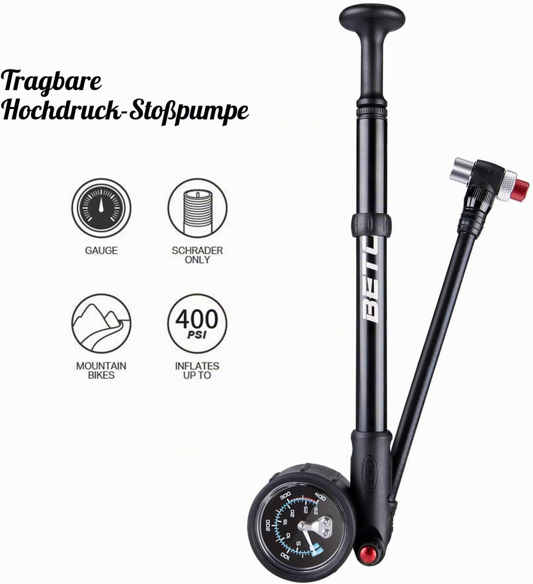 Beto Hochdruck-Stosspumpe – (400 PSI max) MTB Bike Shock Pump für Gabel & Hinterradaufhängung mit No