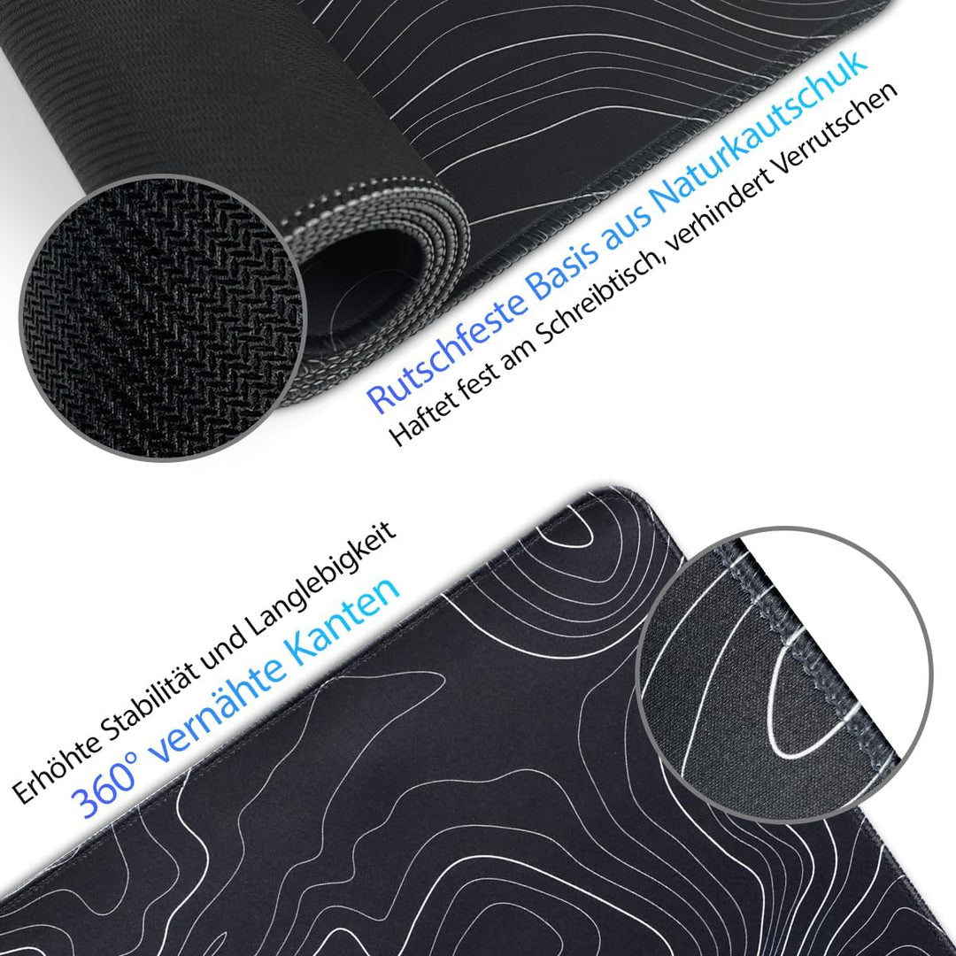 Zindoo Gaming Mauspad XXL 900 x 400 mm– Schwarzes Mousepad mit Konturen-Design – rutschfest, Langleb