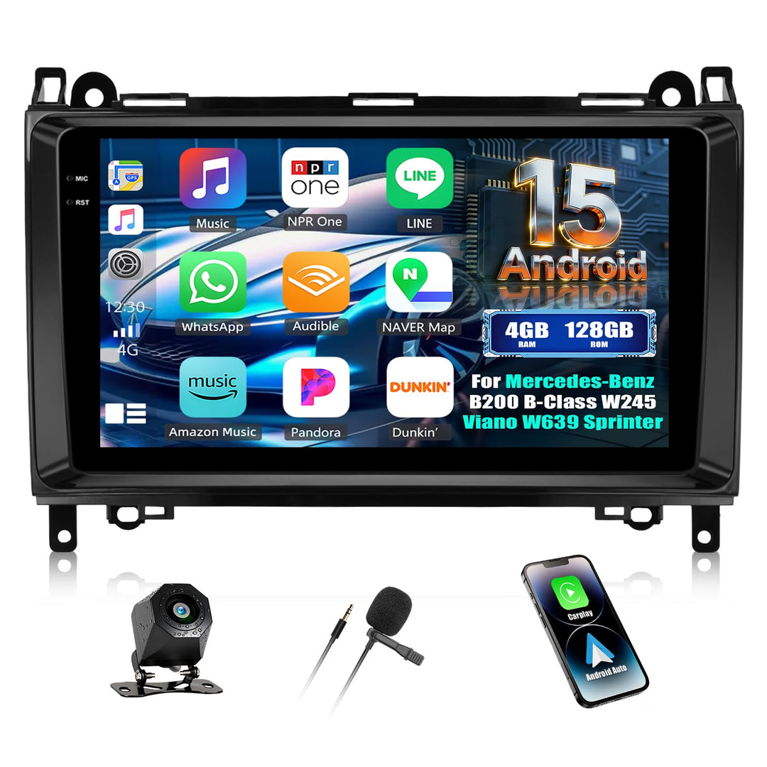 CAMECHO 4+128G Android 15 Autoradio für Mercedes-Benz B200 B-Class W245 Viano W639 Sprinter, 9 Zoll
