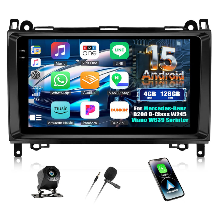CAMECHO 4+128G Android 15 Autoradio für Mercedes-Benz B200 B-Class W245 Viano W639 Sprinter, 9 Zoll