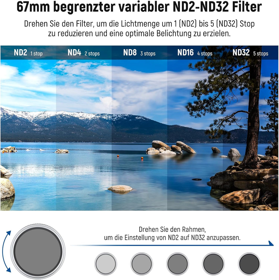 NEEWER 67mm variabler ND Filter Graufilter, einstellbarer ND2-32 (1-5 Stop), mehrfachvergütet HD Opt