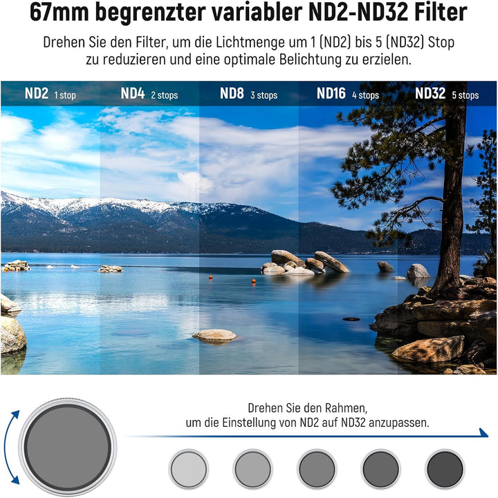NEEWER 67mm variabler ND Filter Graufilter, einstellbarer ND2-32 (1-5 Stop), mehrfachvergütet HD Opt
