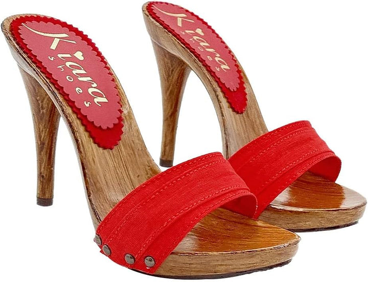 Kiara Shoes Damen-Clogs mit Stoffband aus rot - KM7101 Rosso (38 EU, ROT) 38 EU Rot, 38 EU Rot