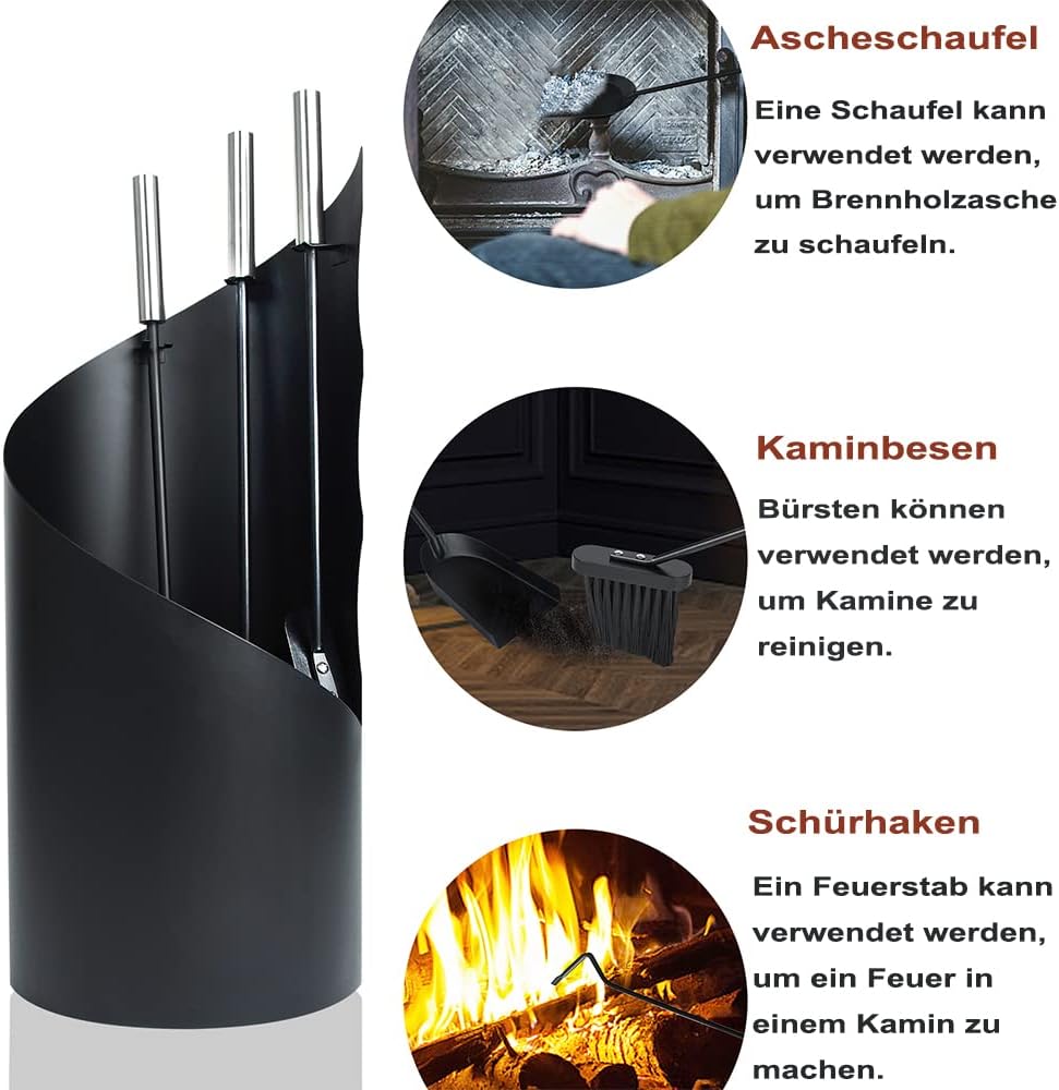 Kaminbesteck,Schwarz Kamingarnitur mit Edelstahlgriff 4 teilig,ink.Sichtschutz,Ascheschaufel,Besen,S