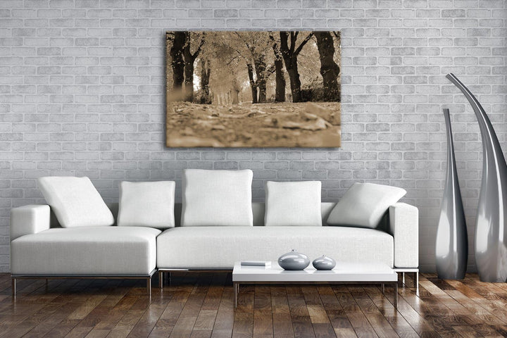 deyoli Blätter bedeckter Waldweg Format: 80x60 Effekt: Sepia als Leinwand, Motiv fertig gerahmt auf
