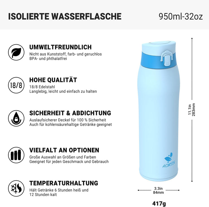 AORIN Trinkflasche Edelstahl Isolierflasche Thermosflasche 500/750/950ml | 2 auslaufsichere Deckel m