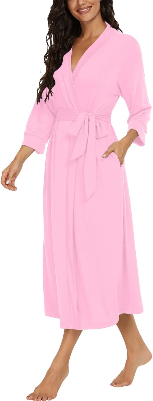 PrinStory Damen Bademantel Leichter 3/4 Ärmeln Morgenmantel V-Ausschnitt Kimono Roben Langes Nachtwä