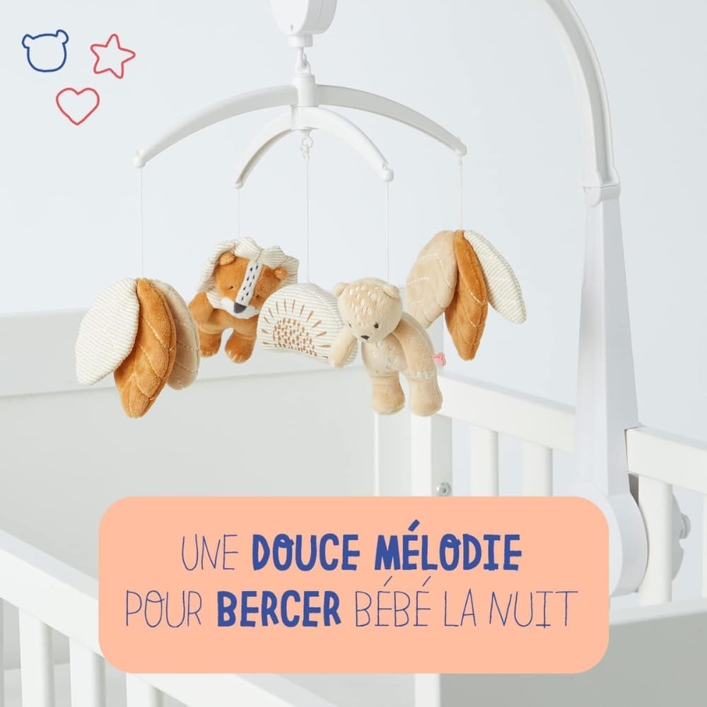 Noukie's - Mobile mit Musik Holz Pastel Babou & Kendi - Mobile Wiege, Gitterbett, Laufstall - Lernsp