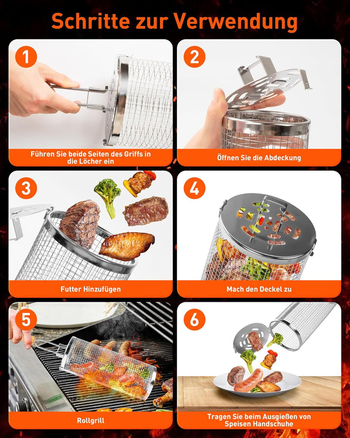 OWZ Rollendes Grillkorb Set - 2 Stück Grillkorb Edelstahl mit Holzgriff - Rolling Grilling Basket -