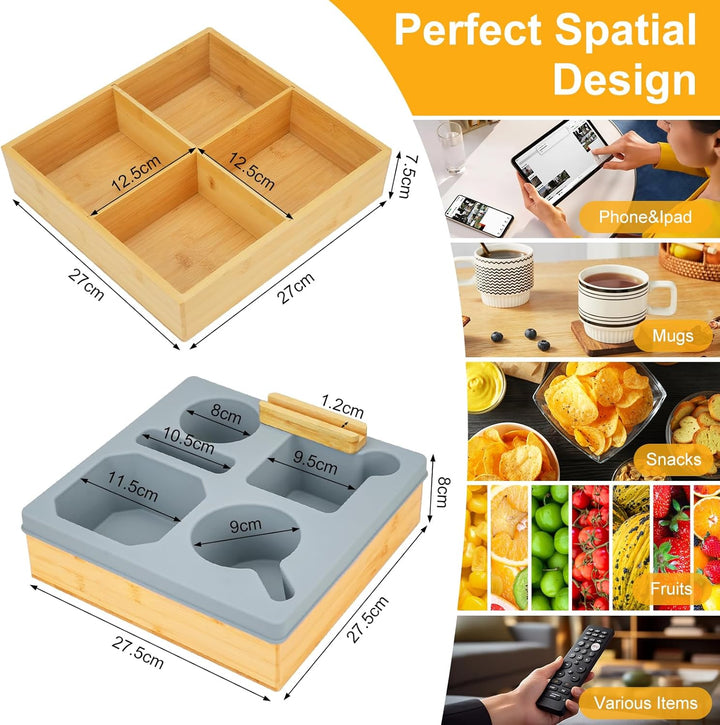 Bambus Snackbox Mit Fächern, Couchbar Snackteller Silikon, Bambusmaterial Couch Organizer, Sofatable