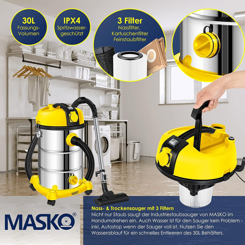 MASKO® Industriestaubsauger Staubsauger Nass Trocken Sauger Edelstahl 2300W + Steckdose | Blasfunkti