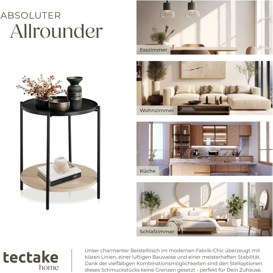tectake® Beistelltisch rund, Nachttisch Metall und Holz, Couchtisch rund mit Stauraum auf 2 Ebenen,