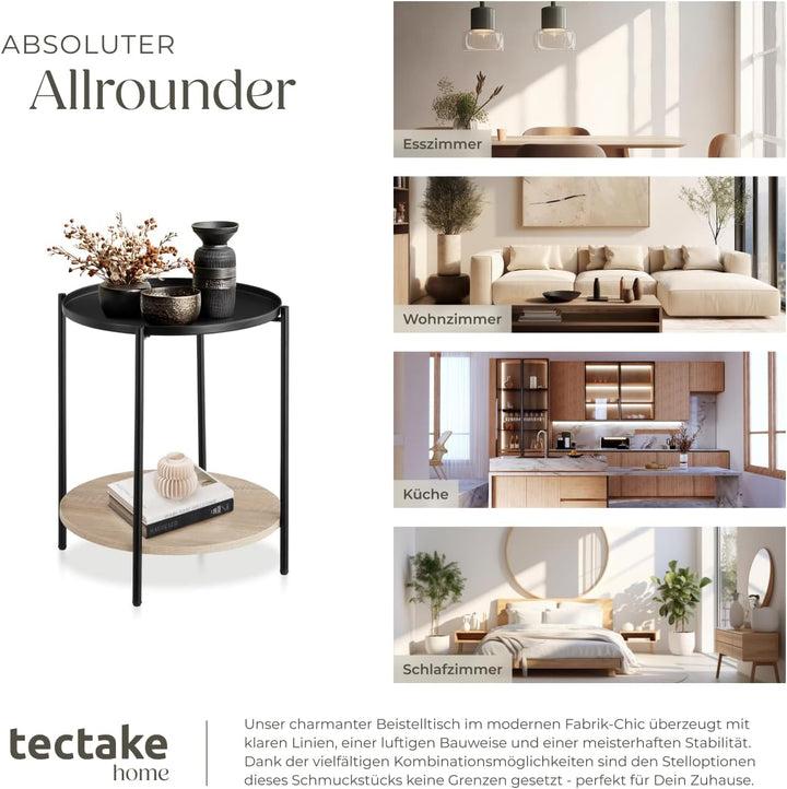 tectake® Beistelltisch rund, Nachttisch Metall und Holz, Couchtisch rund mit Stauraum auf 2 Ebenen,
