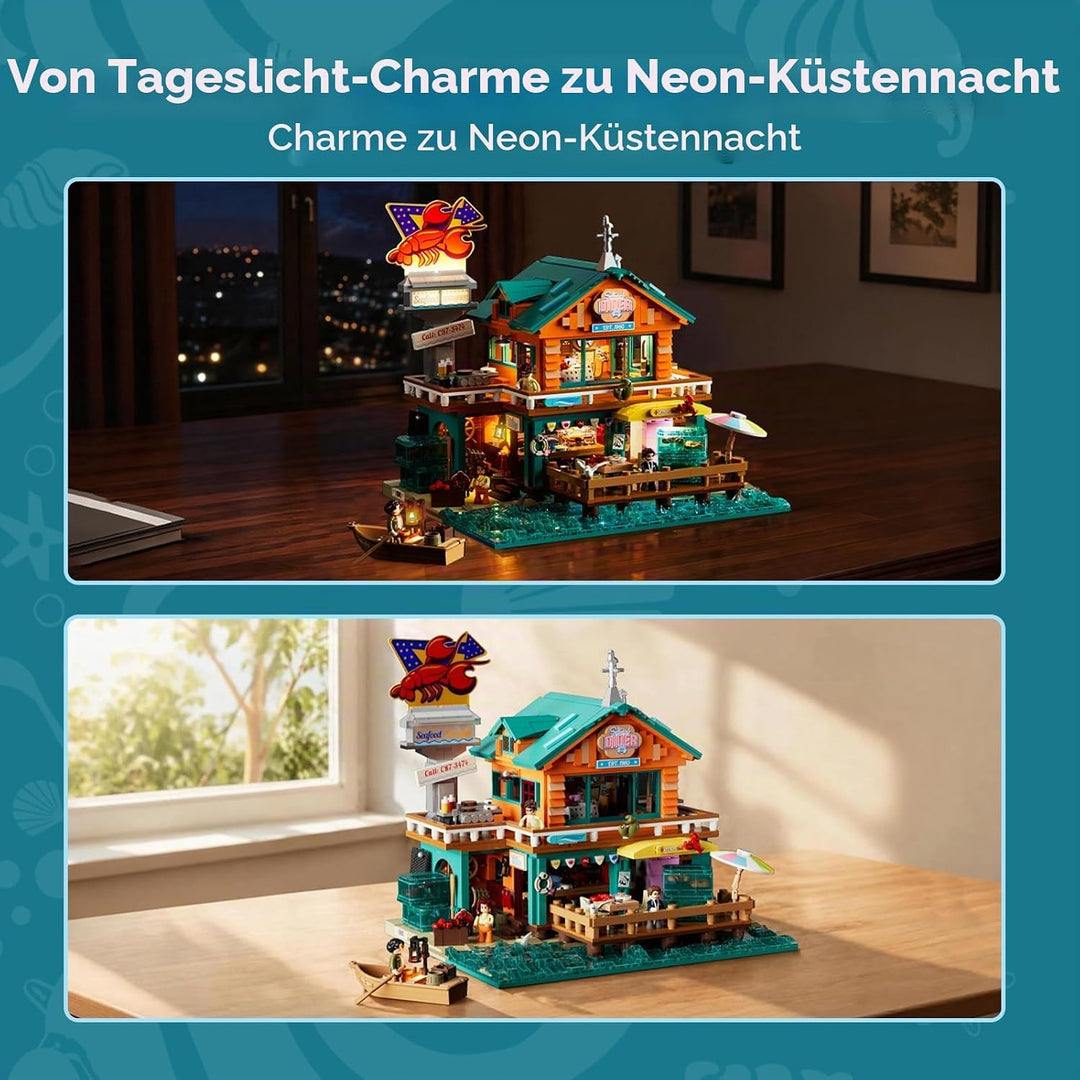 LUMIBRICKS Küsten-Seafood-Restaurant Beleuchtetes Klemmbaustein-Set, 2484 Teile Retro-Strandrestaura