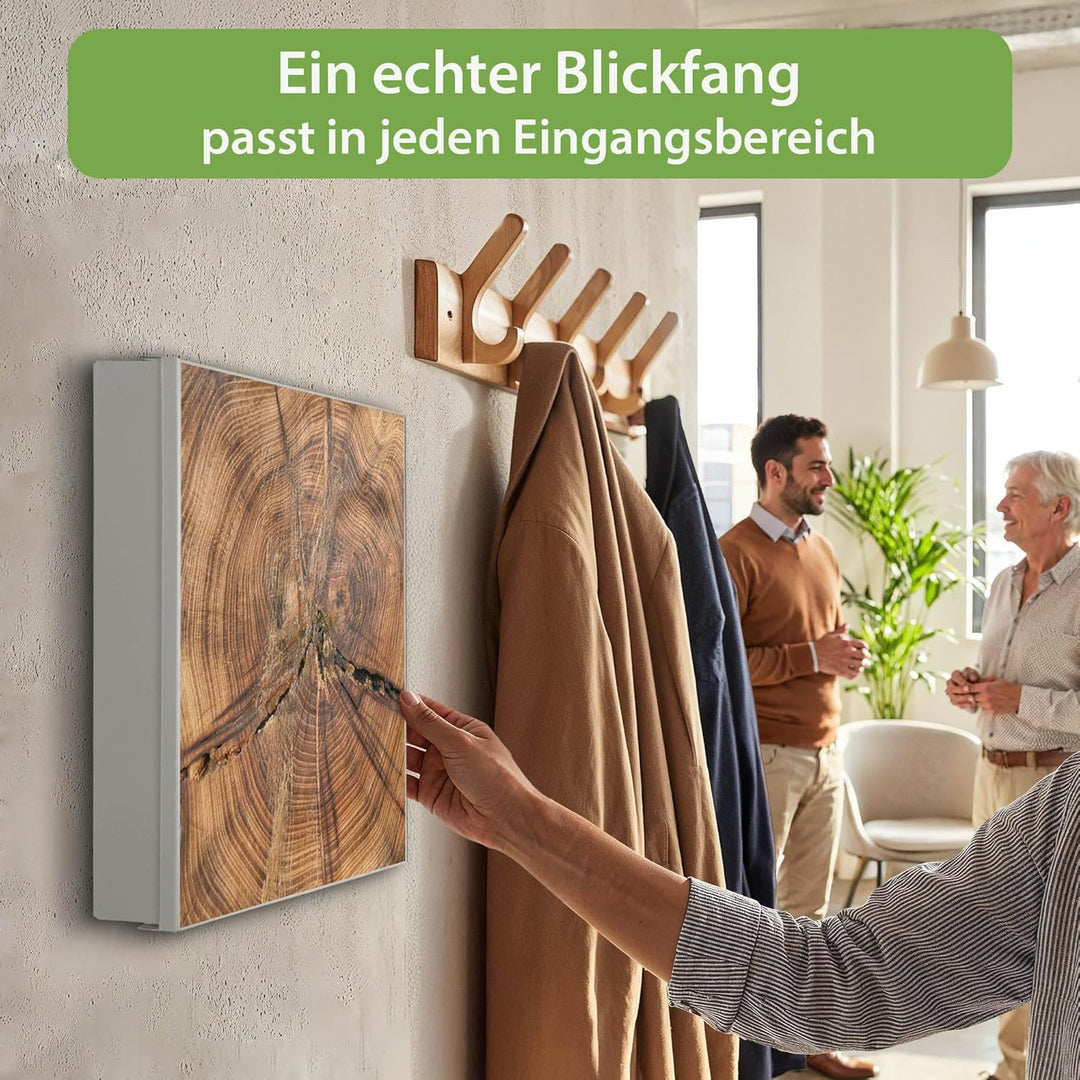 banjado® Grosser Schlüsselkasten Glas/Schlüsselbox 30cm x 30cm mit 50 Haken - Motiv Jahresringe/Schl