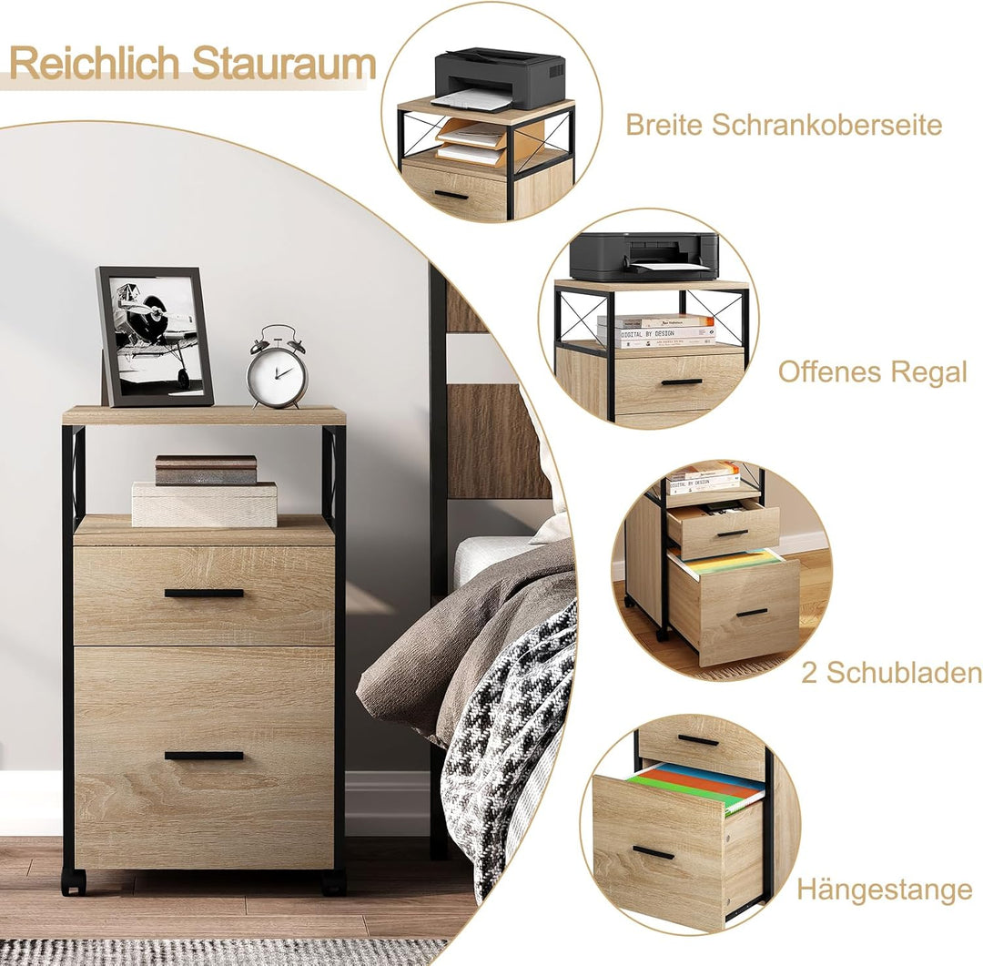 WOLTU Rollcontainer, mobiler Aktenschrank mit 2 Schubladen, offenem Fach, Hängeregistratur Büroschra