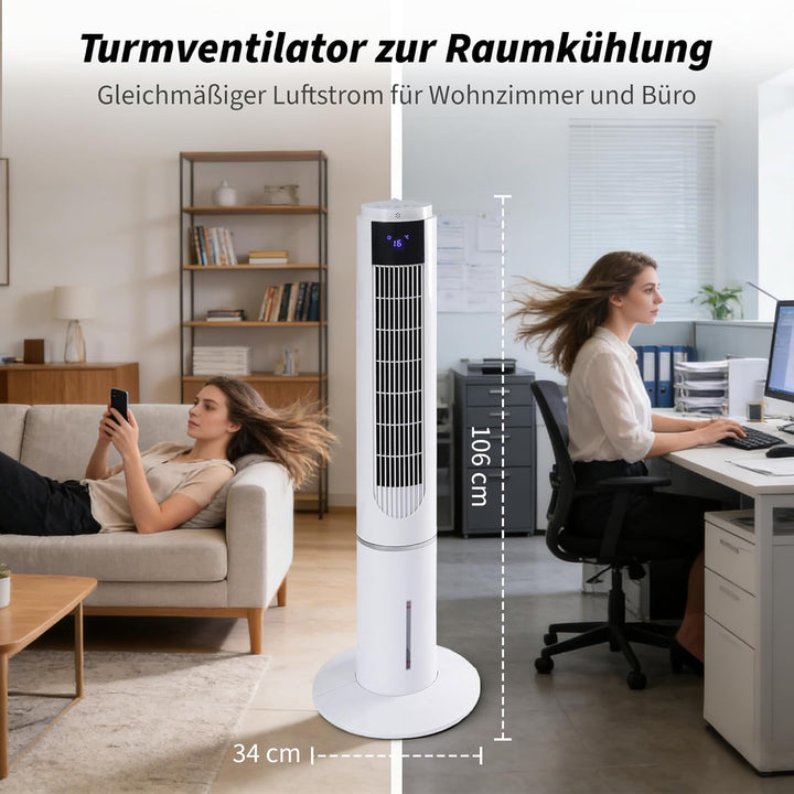 Citybee Turmventilator mit kühlung - Tower Fan leise - 3 Geschwindigstufen 3 Modi - 12 H Timer - 50°