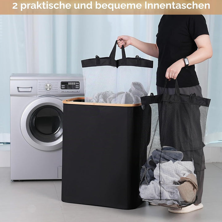 iEGrow Grosser Wäschekorb mit Deckel 150L, Wäschesammler 2 Fächer mit Herausnehmbaren und Waschbaren