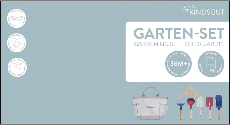 Kindsgut Gartenset, Gartengeräte für Kinder aus hochwertigem Holz und Metall in Einer Tasche, Schlic