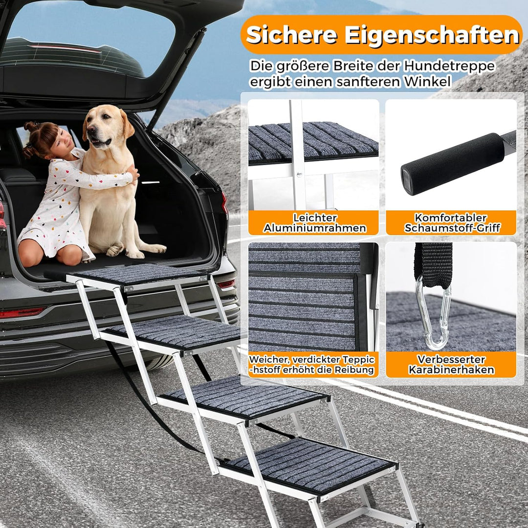 Hundetreppe Auto Für Grosse Hunde mit Teppich, Extra Breit 4 Stufen Hunderampe Auto Klappbar,Leichte