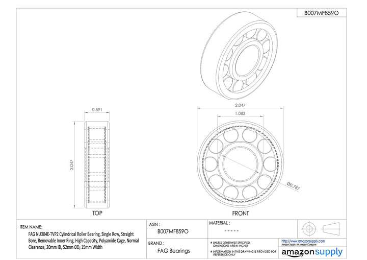 FAG nu304e-tvp2 Zylindrische Roller Bearing, einreihig, gerade Bohrung, abnehmbarer Ring innen, Hohe