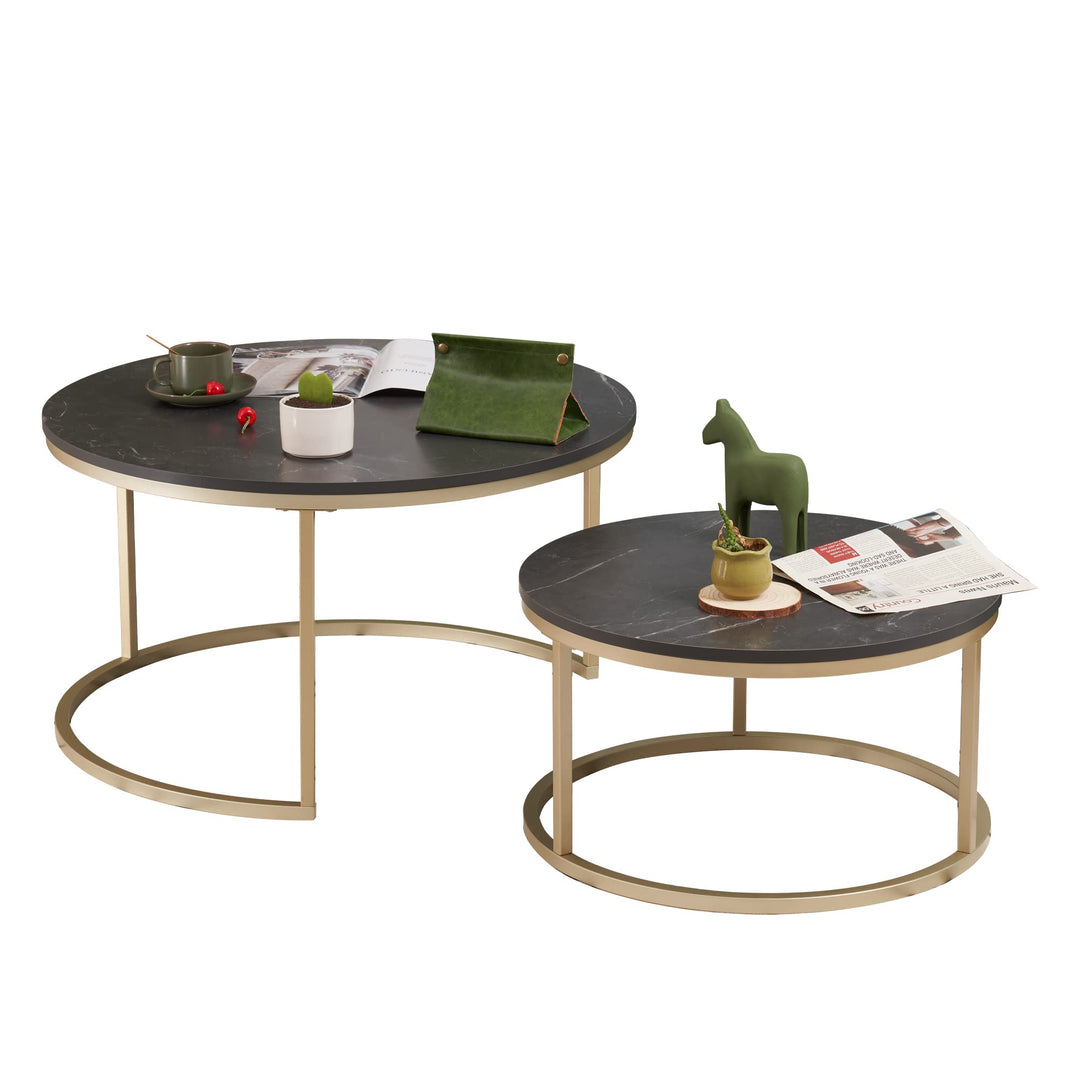 Soayone Couchtisch Rund 2er Set, Schwarz Marmor Couchtisch mit Gold Metallgestell, Beistelltisch Run