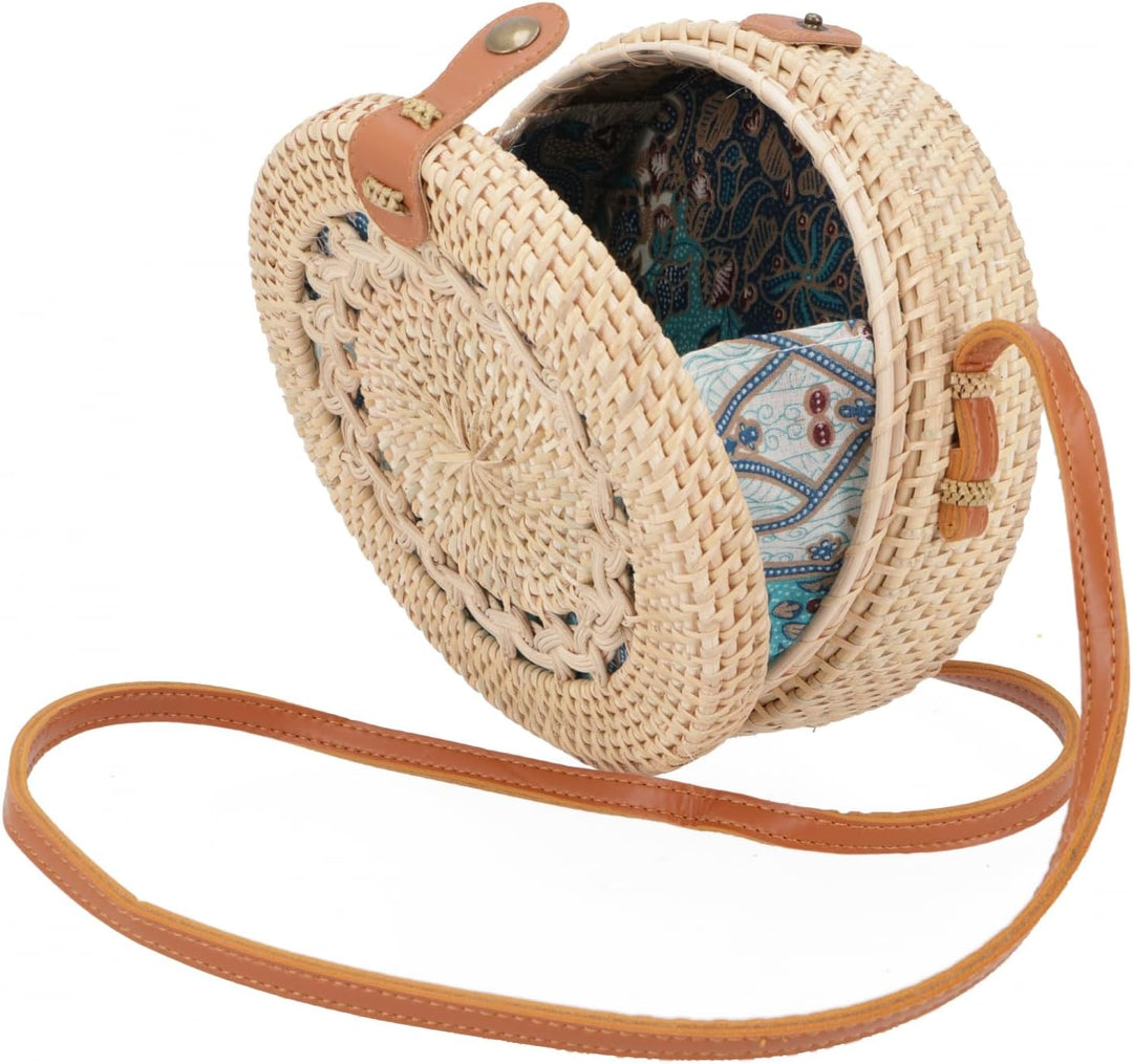 GURU SHOP Geflochtene Handtasche, Korbtasche, Rattantasche, Balitasche Rund - Modell 1, 20x20x7 cm,
