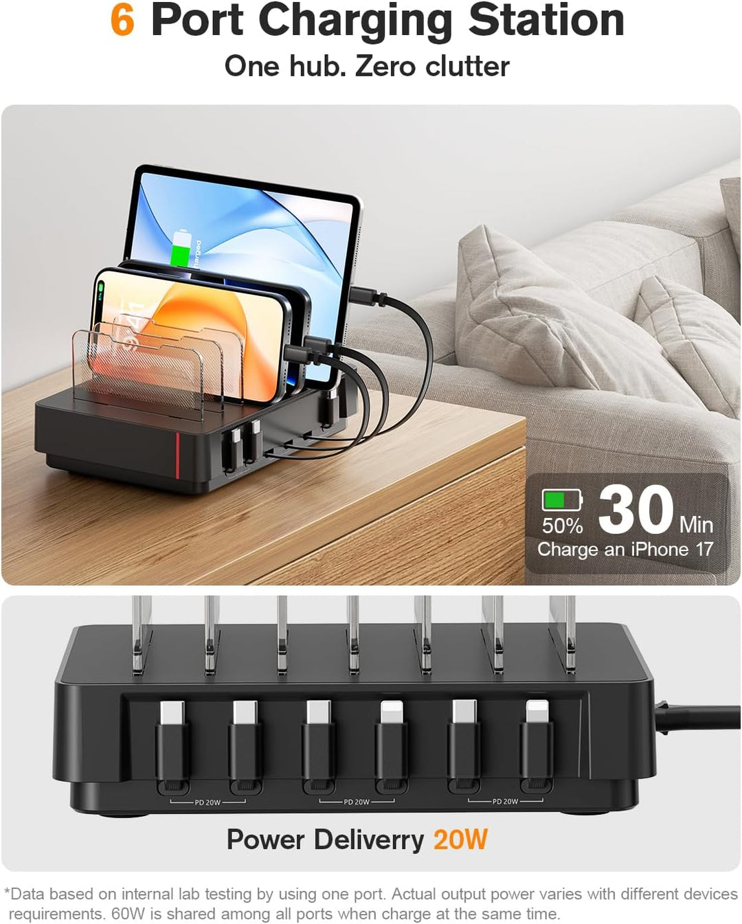 SooPii HomeHub H1 Ladestation, 60 W mit 6 austauschbar einziehbaren Kabeln (4×C-C & 2×C-iP), mit mag