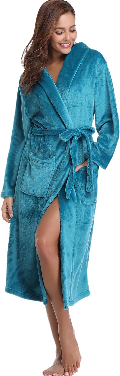 Vlazom Winter Bademantel weicher Flanell Bademantel Damen Saunamantel mit Kapuze flauschiger Morgenm